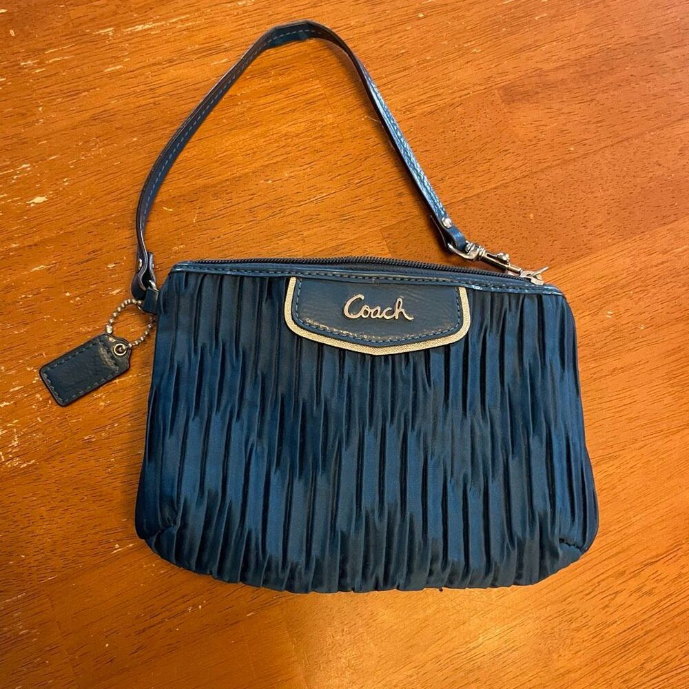 Coach Ashley Zip Close Wristlet. Teal crinkled satin